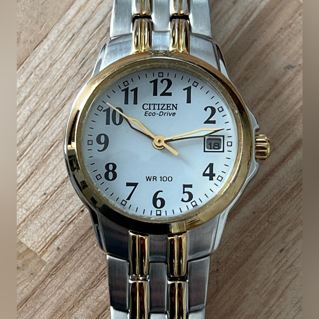 Citizen Eco-Drive Ladies Watch Two-Tone Bracelet White Dial Date Window